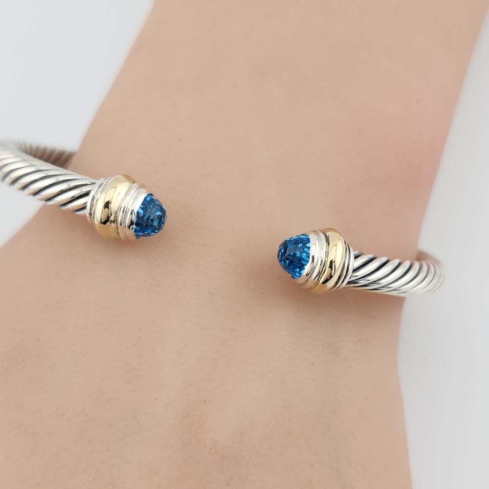 David Yurman 5mm Sterling Silver Cable  Bracelet With Blue Topaz & 14k Gold - Picture 2 of 4